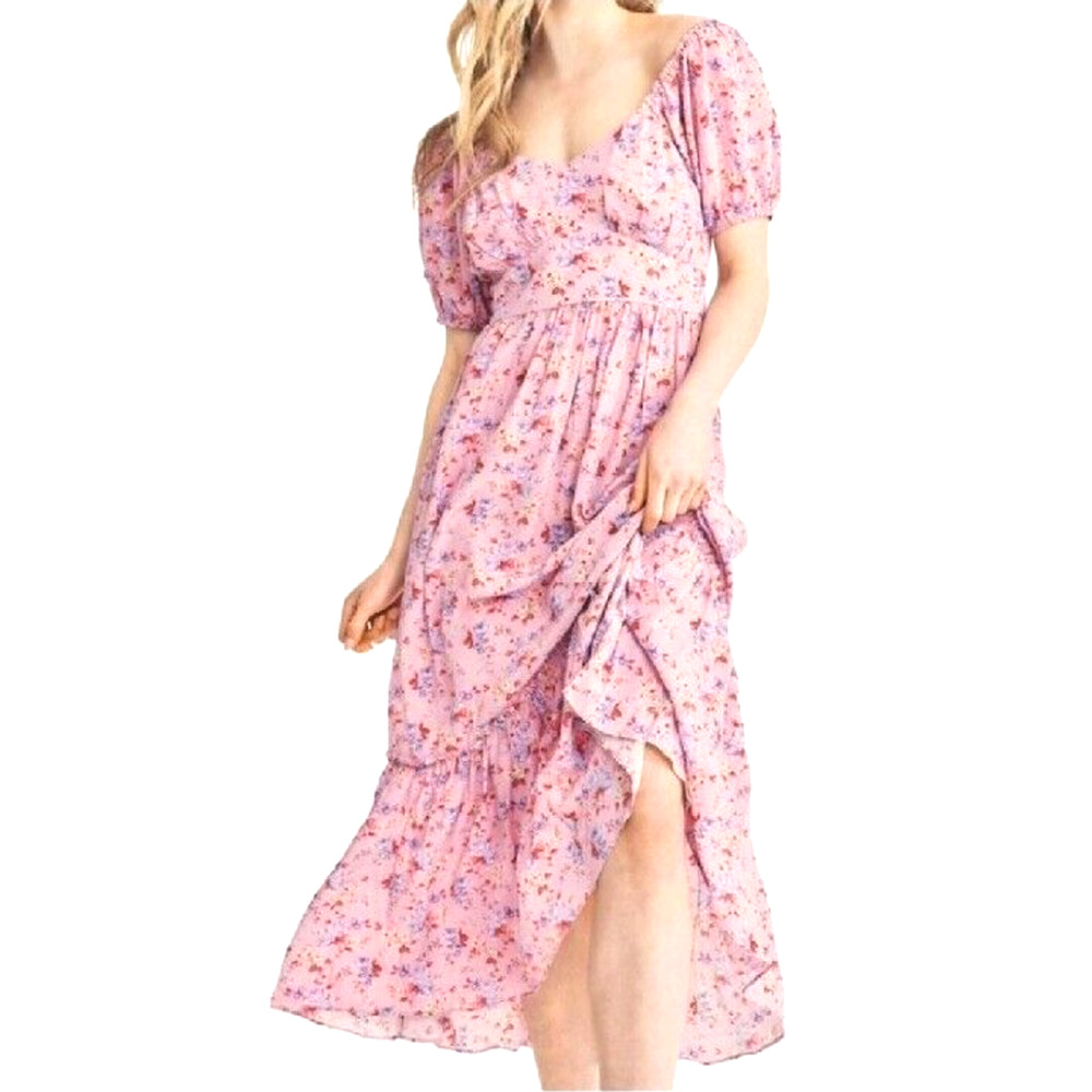 NEW! LoveShackFancy 6 Angie SILK Midi Dress Milkmaid Puff Shoulder Floral Pink - Picture 2 of 15
